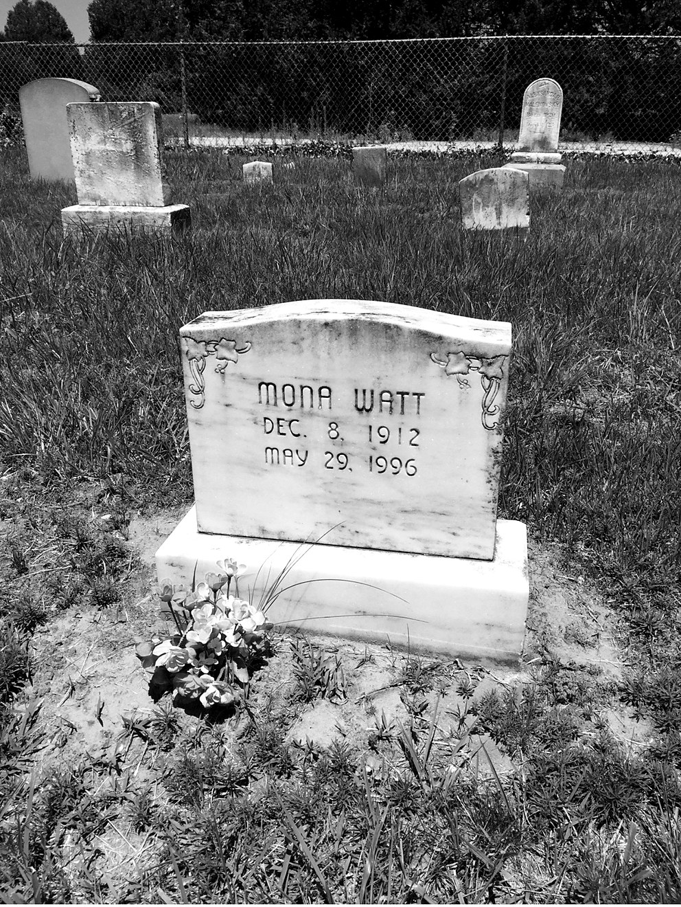 A marble headstone in a fenced country cemetery reading Mona Watt, Dec. 8 1912, May 29 1996, with a spray of silk flowers set against its base.