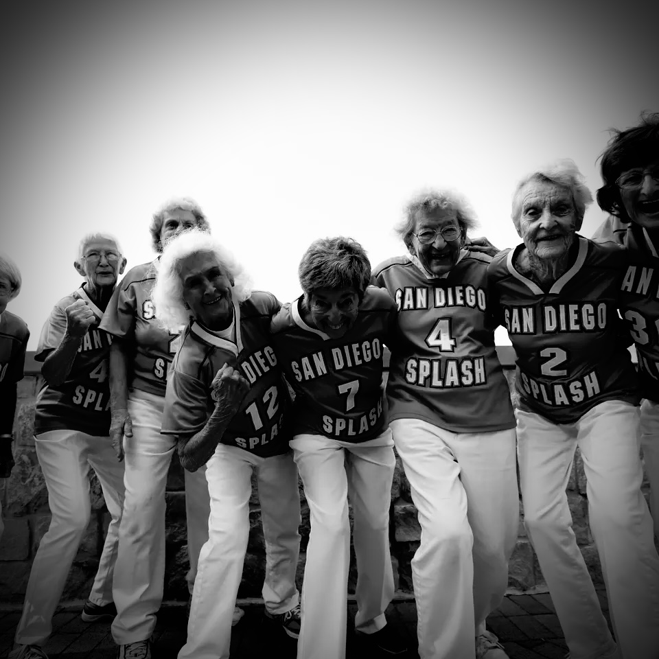 The San Diego Splash — women in their eighties in team jerseys, arms around each other, laughing